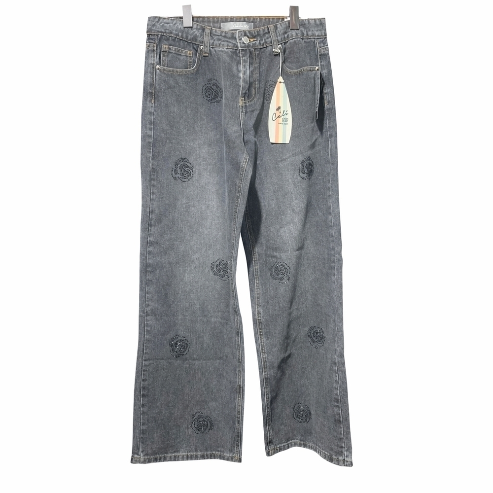 Wide Leg Charcoal Grey Black Jeans Rose Jewel Detail Nwt Size 7/28